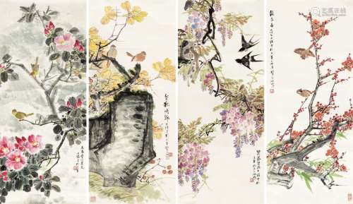 田  镛（1938～2020） 四季花鸟四屏 立轴 设色纸本