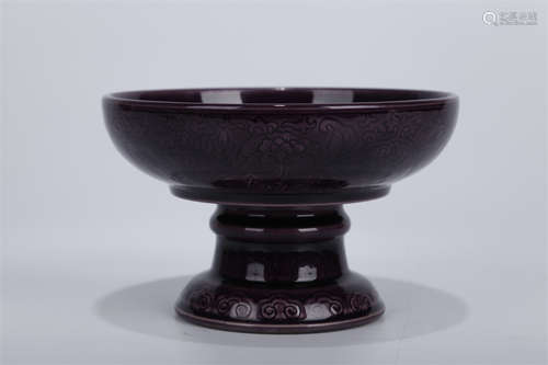 A Purple Glazed Porcelain Dish with Pedestal.