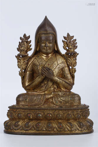 A Gilt Copper Tsongkhapa Buddha Statue.