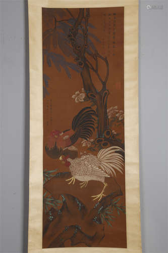 A Roosters Painting on Silk by Lin Liang.