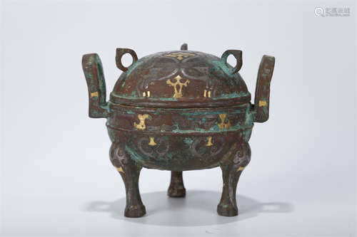 A Bronze Lidded Tripod Caldron.