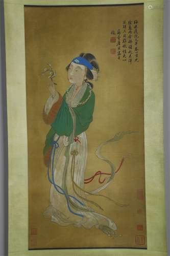 A Maid Painting on Silk by Tang Bohu.