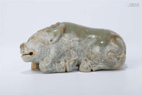 An Antique Jade Lying Bull Sculpture.