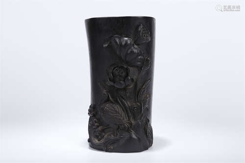 A Narra Wood Brush Pot with Flowers Design.