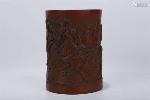 A Bamboo Brush Pot with Pine&Figure Design.