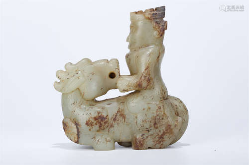 An Antique Jade Hunni-Riding-Animal Sculpture.