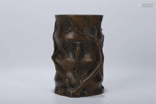 A Bamboo Joint Shaped Copper Brush Pot.