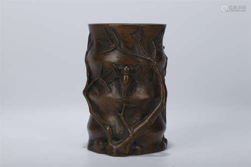 A Bamboo Joint Shaped Copper Brush Pot.