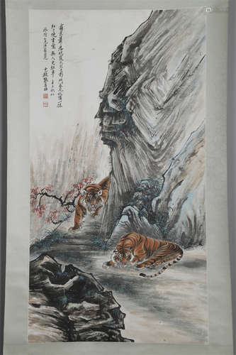 A Tigers Painting on Paper by Zhang Shanzi.