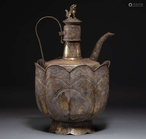 Chinese Liao dynasty silver gilt warm wine pot