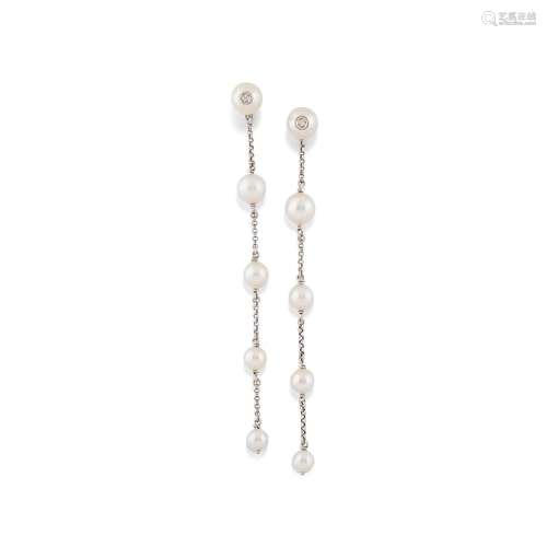 A platinum, 18K white gold, cultured pearl and diamond earri...