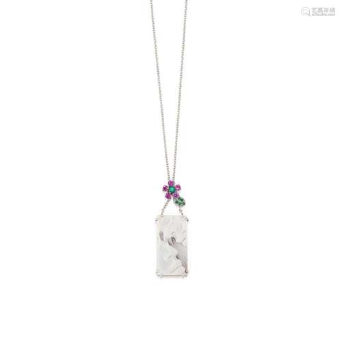 A 18K white gold, cameo, pink sapphire and tzavoriti necklac...