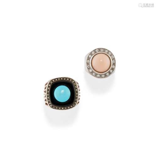 Two two-color gold, turquoise paste, coral, onyx and diamond...