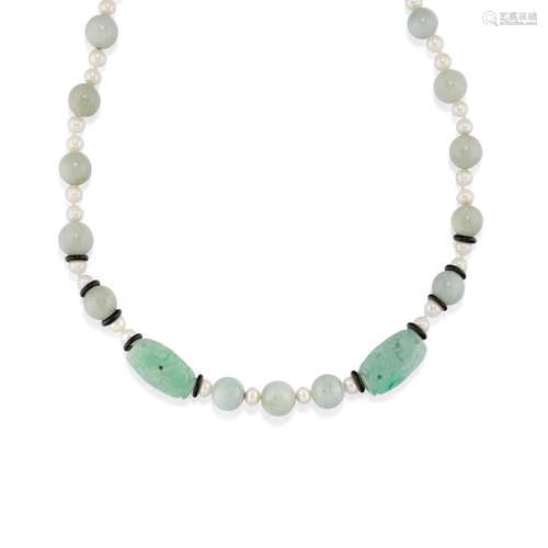 A 18K yellow gold, cultured pearl, onyx and jade necklace