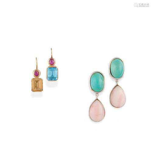 A couple of 18K two-color gold, turquoise, quartz, topaz and...