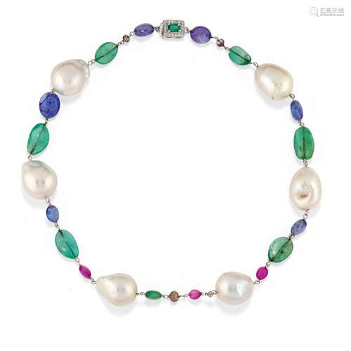 A 18K white gold, pearl, ruby, emerald, diamond and tanzanit...