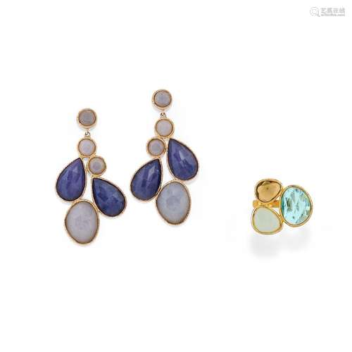 A silver gilt and colored gemstone earrings and ring