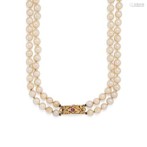 A 18K yellow gold, ruby and cultured pearl necklace