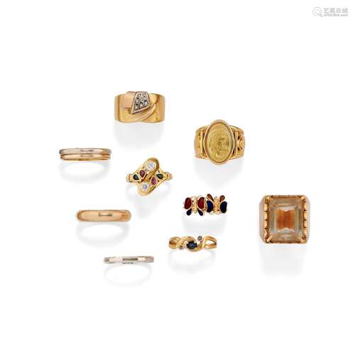 Nine 18k two-color gold, quartz, ruby, sapphire, enamel and ...