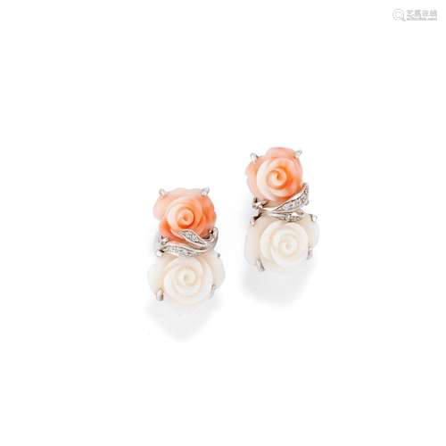 A 18K white gold, coral and diamond earrings