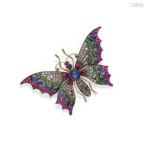 A 18K yellow gold, silver, sapphire, ruby and diamond brooch...