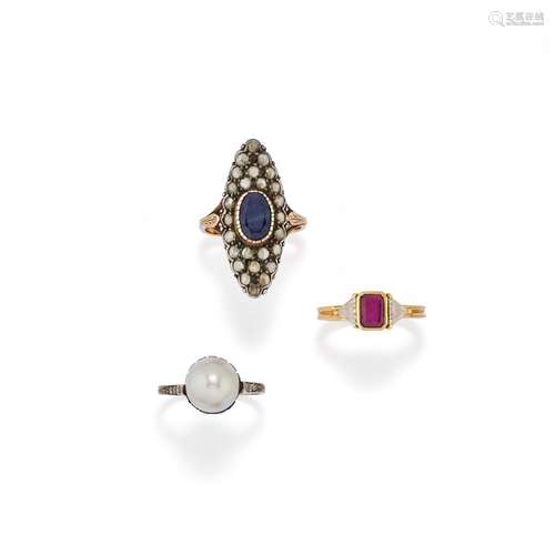 Three three-color gold, silver, cultured pearl, sapphire, ru...