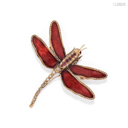 A gold, silver, ruby, enamel and diamond brooch