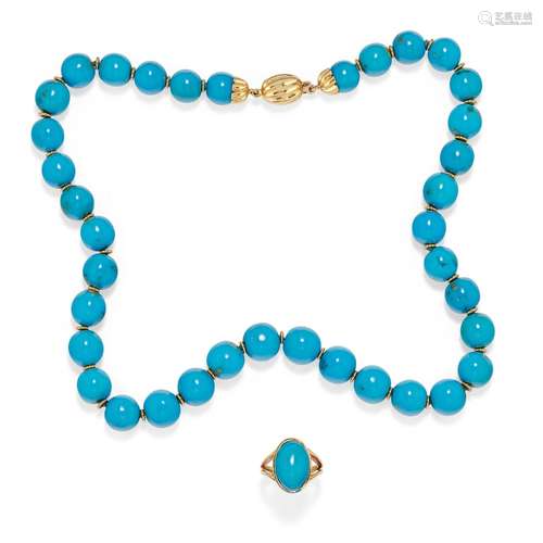 A 18K yellow gold and turquoise necklace and ring