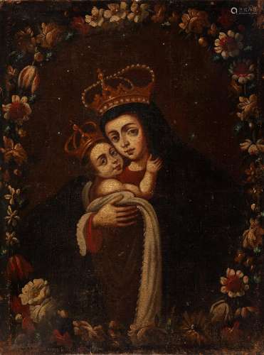 Spanish School, XVIII century. "Virgin with Child and f...