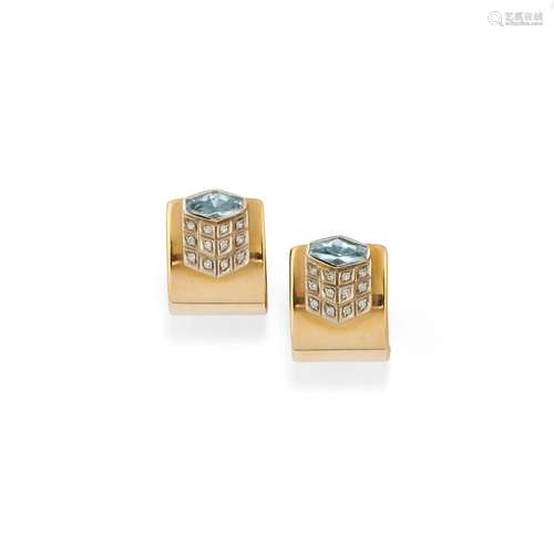 A 18K yellow gold, diamond and aquamarine earrings