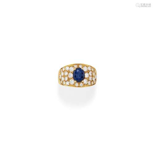 A 18K yellow gold, diamond and sapphire ring