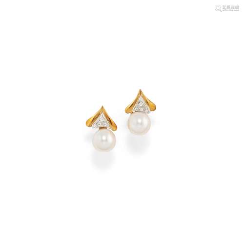 A 18K white and yellow gold, cultured pearls and diamonds ea...