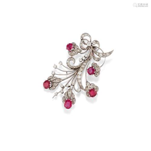 A 18K white gold, diamond and ruby brooch