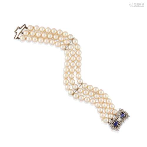 A 18K white gold, diamonds, sapphires and cultured pearls br...