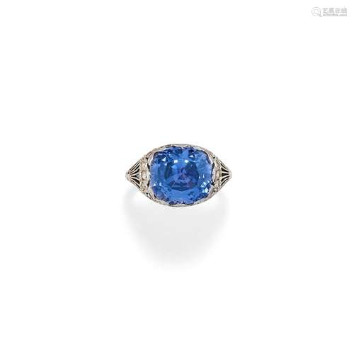 A 18K white gold, diamond and synthetic sapphire ring