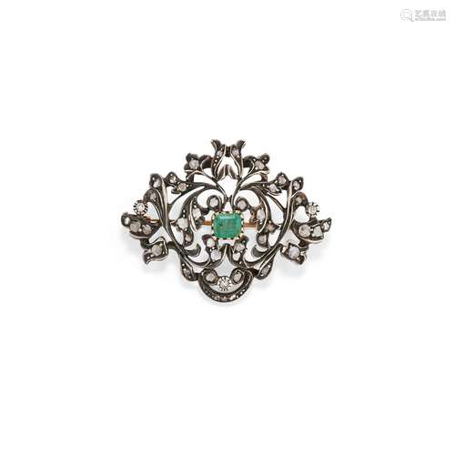 A 18K red gold, silver, emerald and diamond brooch