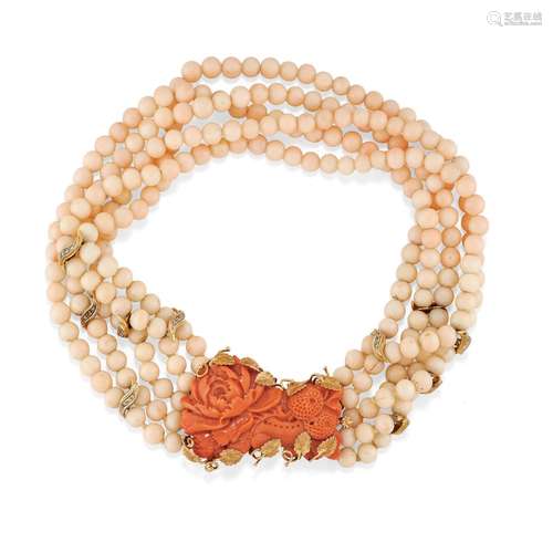 A 18K two-color gold, coral and synthetic stones necklace