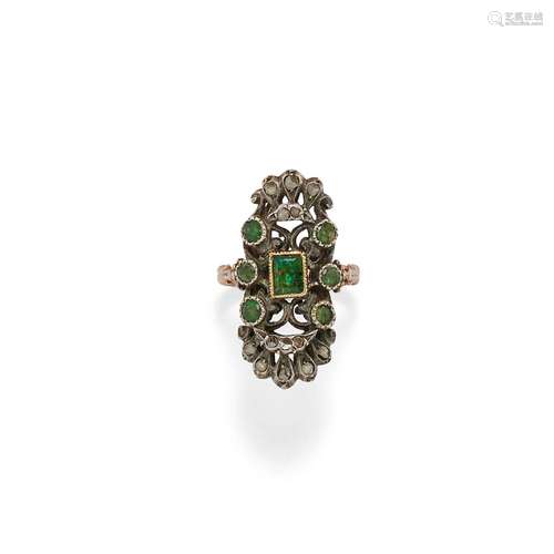 A 18K red gold, silver, emerald and diamond ring