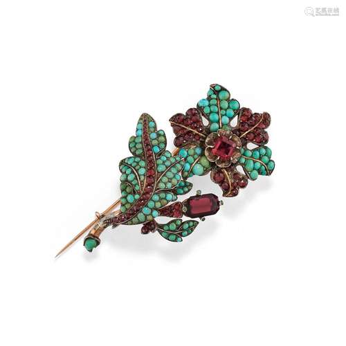 A 14K red gold, turquoise and glass paste brooch, 19th Centu...