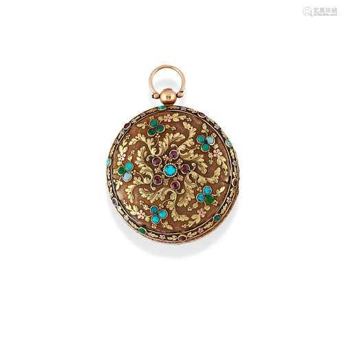 A yellow gold, turquoise and red stones pocket watch, early ...