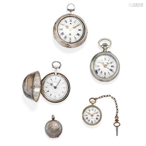 Four silver and steel pocket watches and money holder, defec...