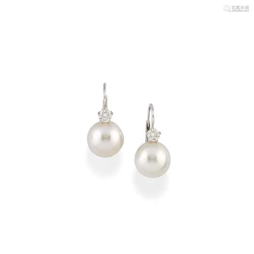 A 18K white gold, cultured pearl and diamond earrings