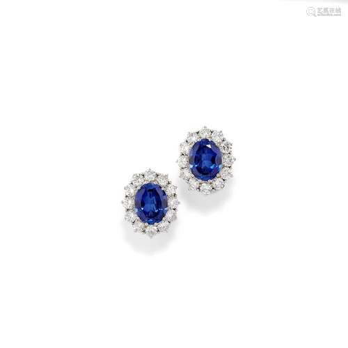 A 18K white gold, diamond and synthetic saphhire earrings