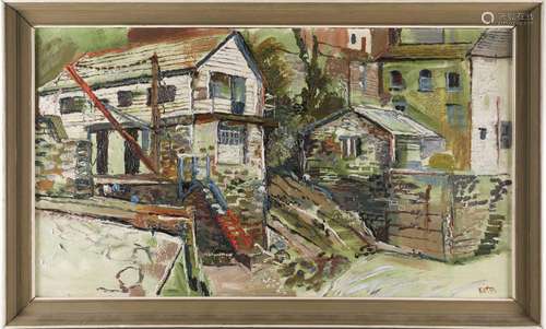 † Fred Yates (1922-2008), Cornish quayside buildings, oil on...