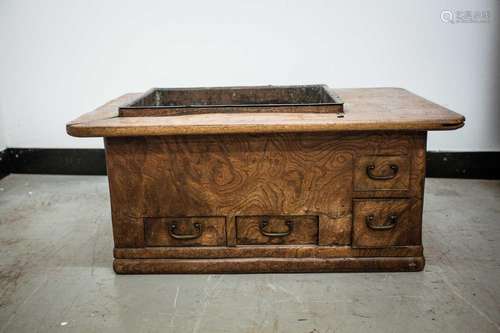 A Japanese keyaki wood hibachi, late 19th century, with rect...