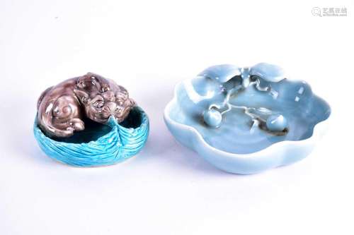 Two Chinese porcelain brush washers, modelled as a bat aligh...