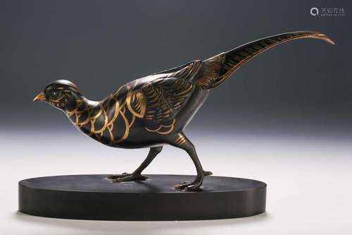 A patinated bronze pheasant, 20th century, the plumage heigh...