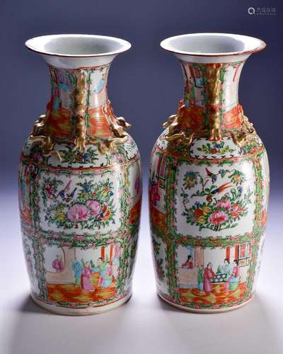 A pair of Canton enamel vases, Qing, 19th century, the flare...