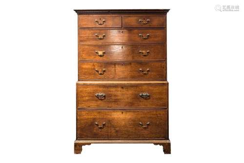 A George III mahogany chest on chest. With dentil moulding a...