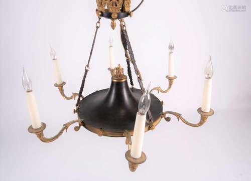 A French Empire style gilt brass and Japaned iron six sconce...